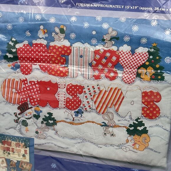 Vtg Merry Christmas Quick Quilt Wall Hanging Kit 80s Paragon Animals Snow 1981 - Picture 1 of 7